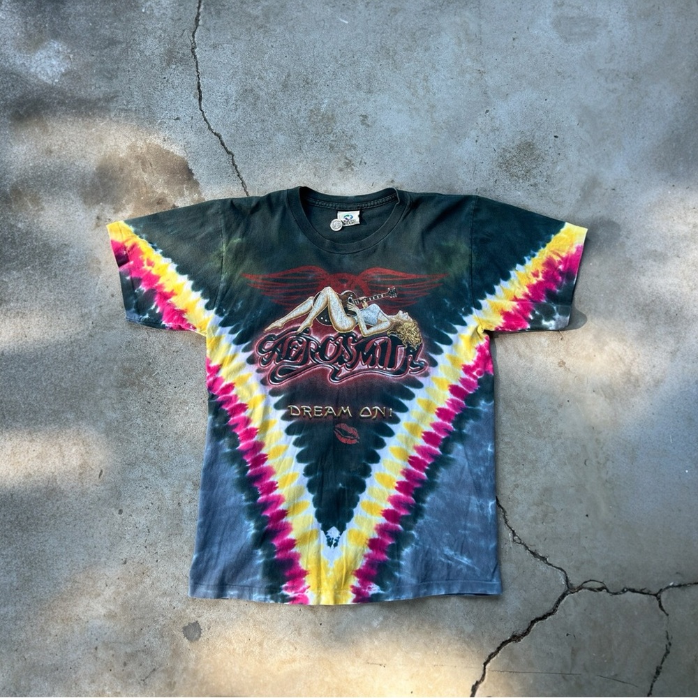 Vintage 90s single stitched tie die Aerosmith tshirt green yellow liquid blue